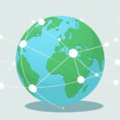 A globe with connected lines represents global internet connections